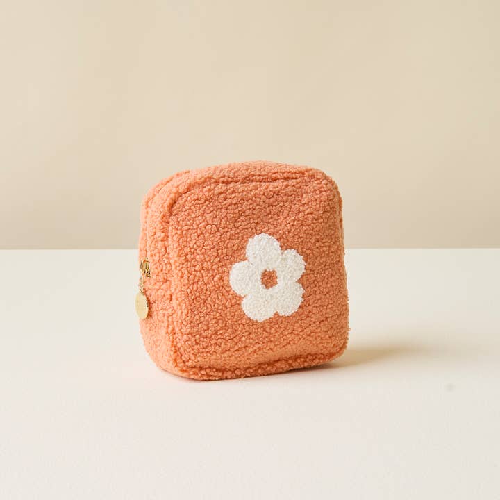 Square Flower Peach Teddy Pouch