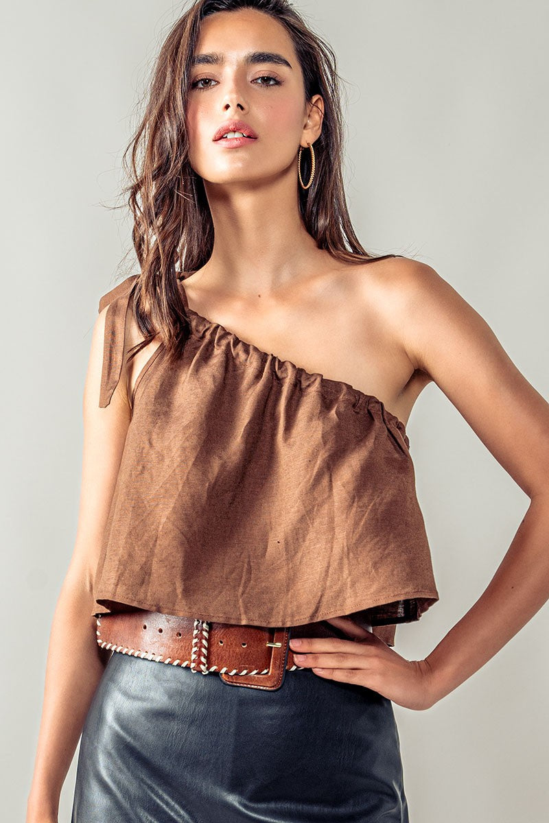 One Off Shoulder Tie Crop Linen Top