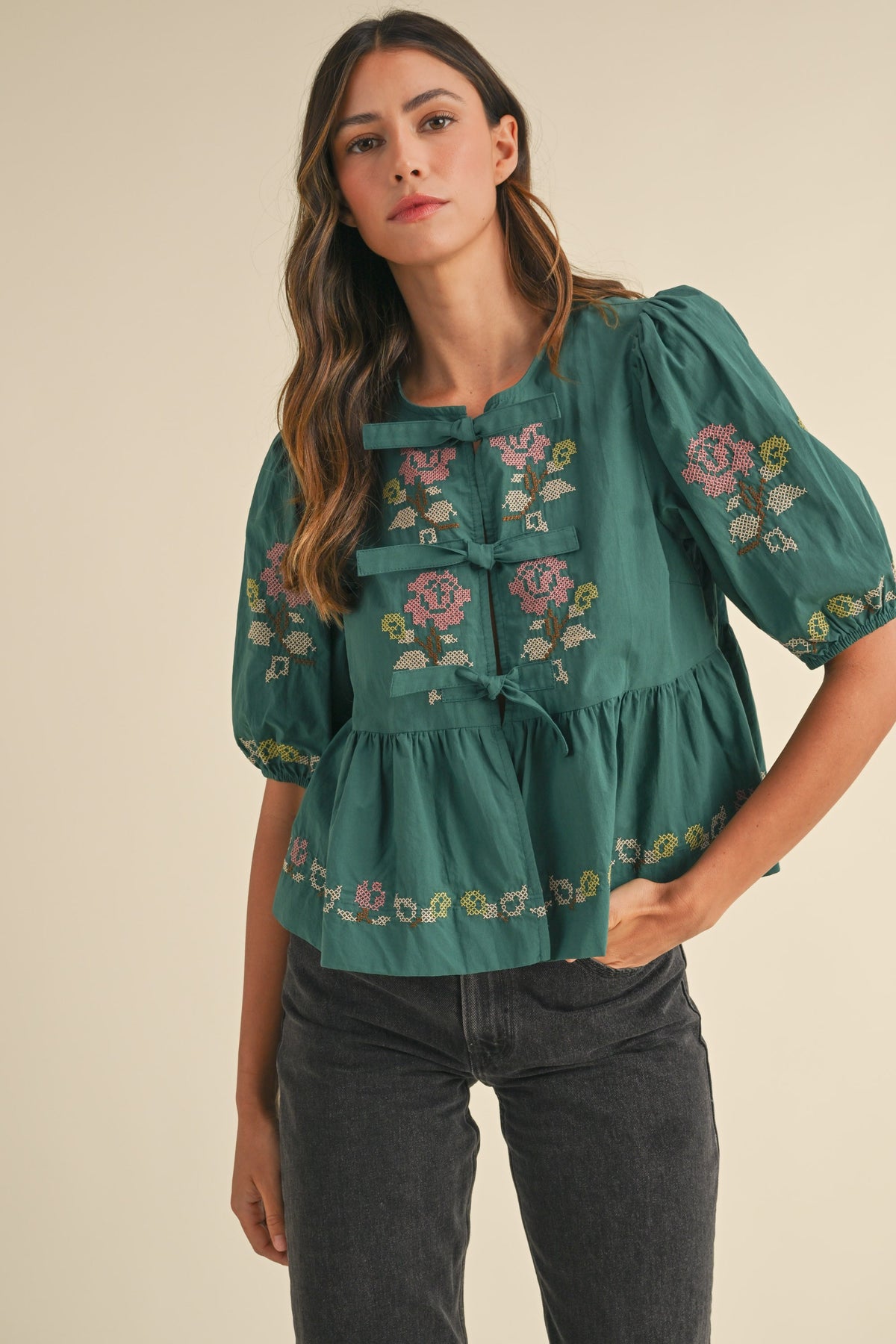 Embroidered Puff Sleeve Front Tie Peplum Top