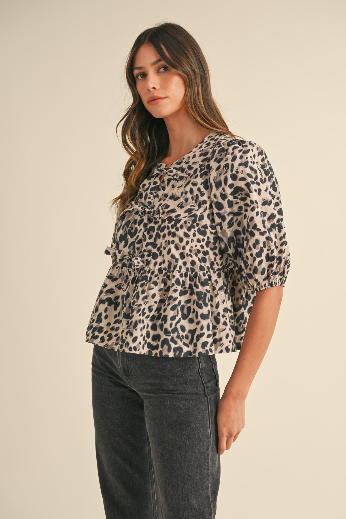 Leopard Print Front Self Tie Peplum Top