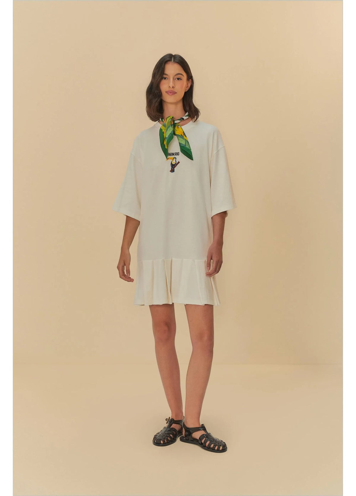 Vestido Curto Pregas Bordado Off White