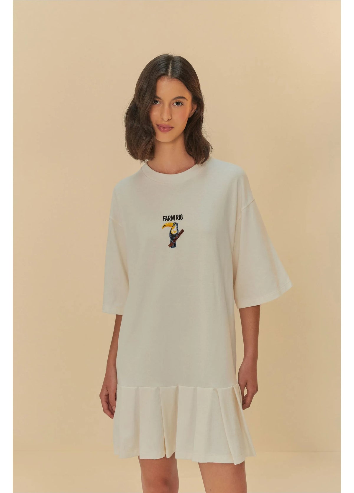 Vestido Curto Pregas Bordado Off White
