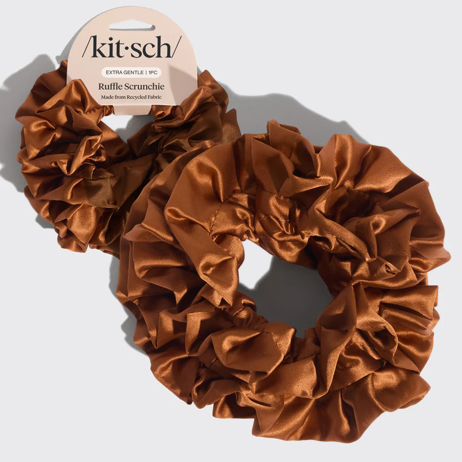 Recycled Fabric Ruffle Scrunchie - Camel