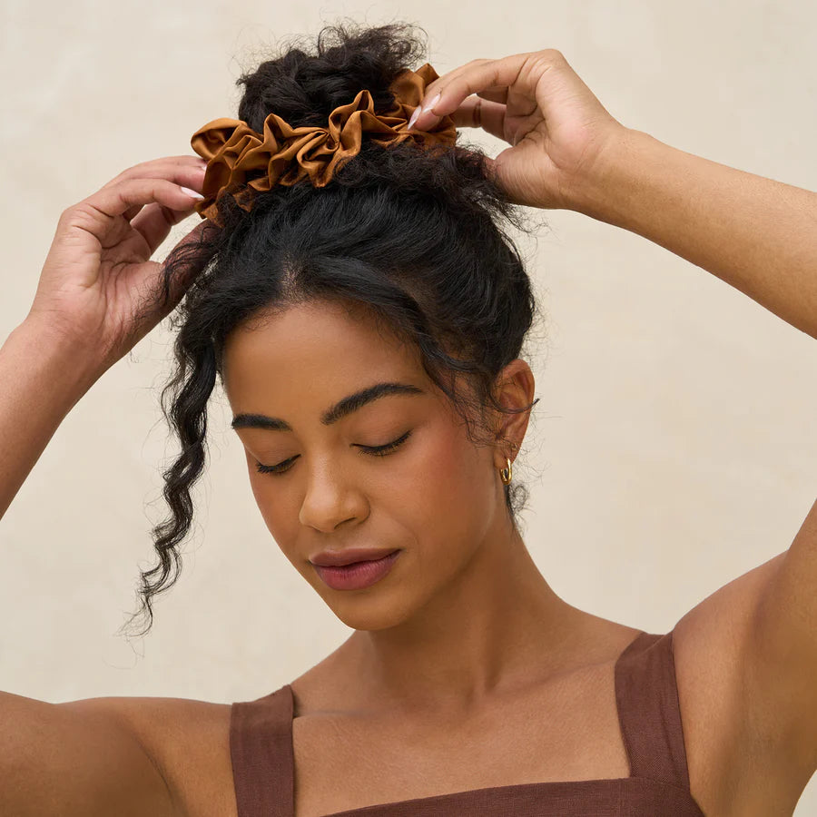 Recycled Fabric Ruffle Scrunchie - Camel