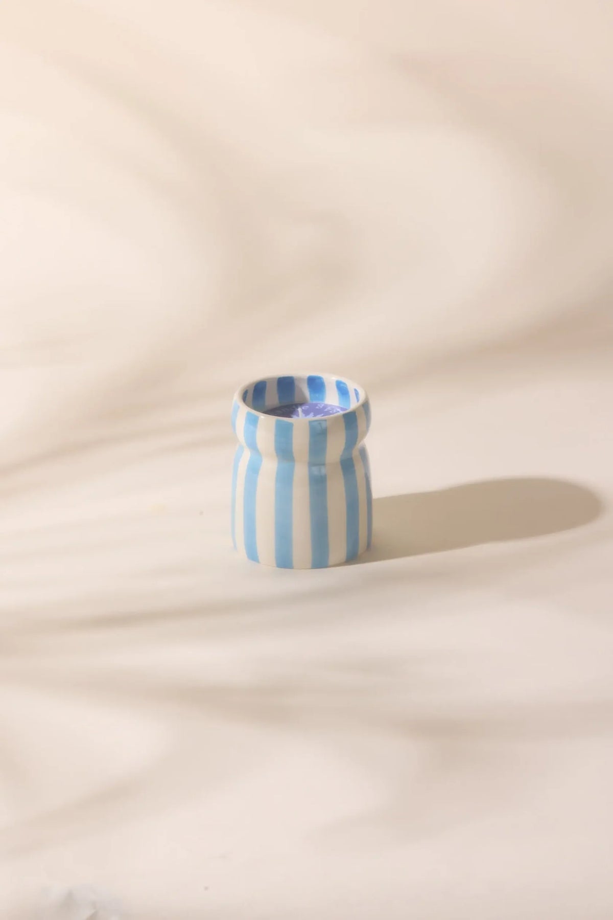 6.5 Oz Cabana Blue Striped Hand Painted Ceramic with Dustcover - Lost at Sea