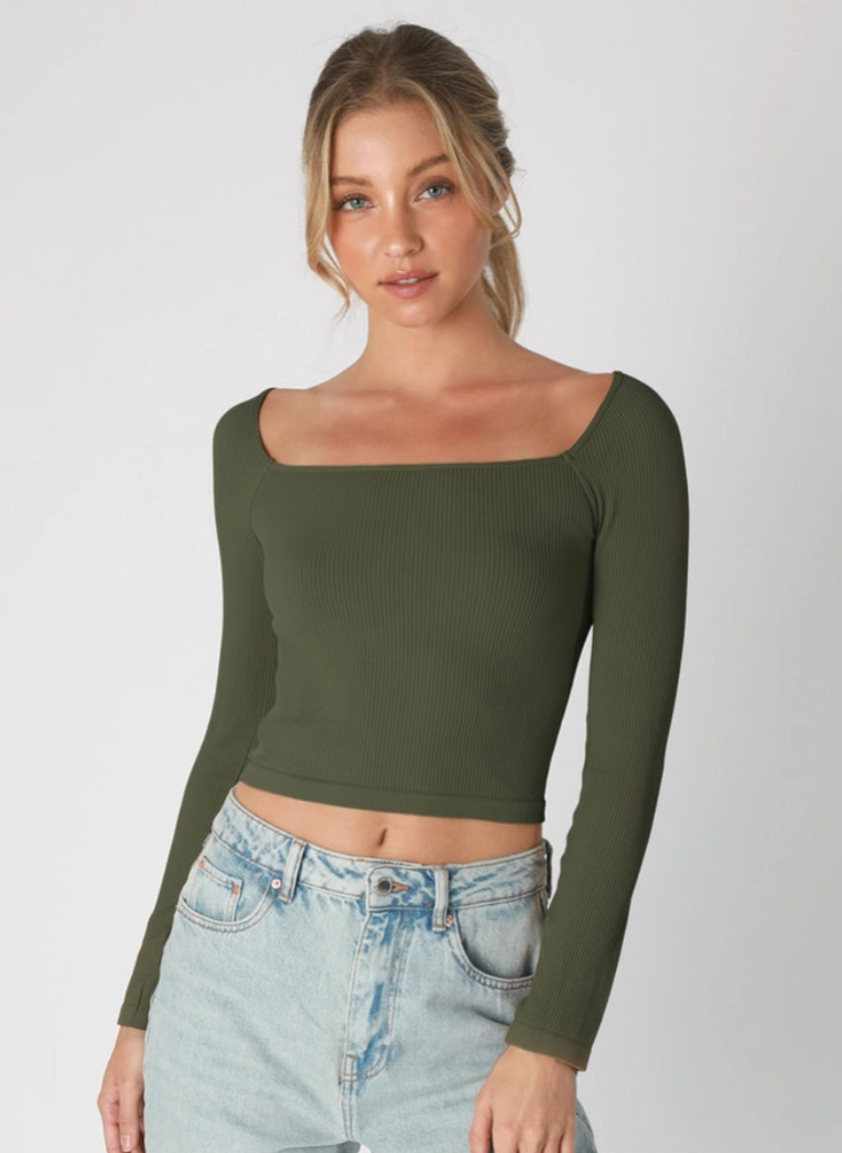 Ribbed Long Sleeve Square Neck Top