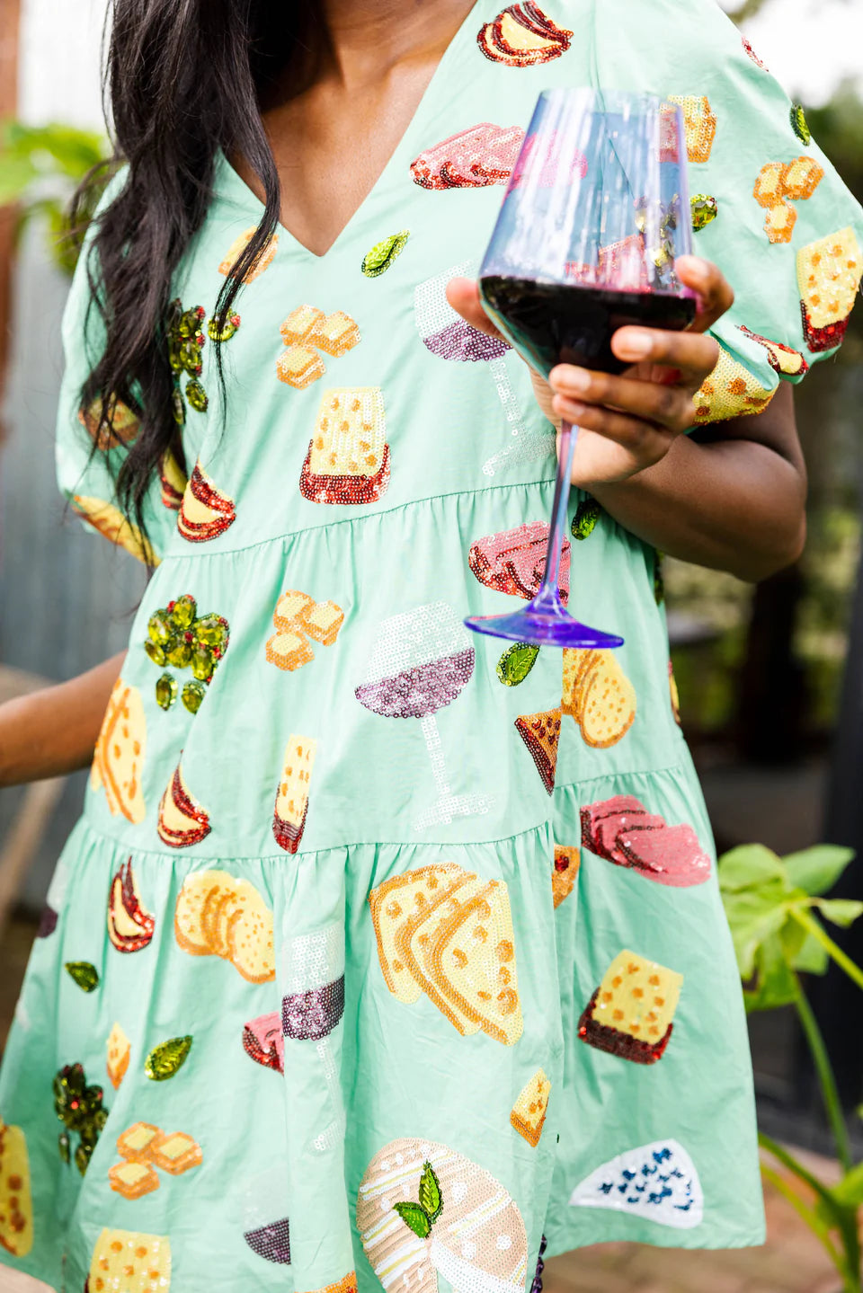 Mint Wine &amp; Charcuterie Poof Sleeve Dress