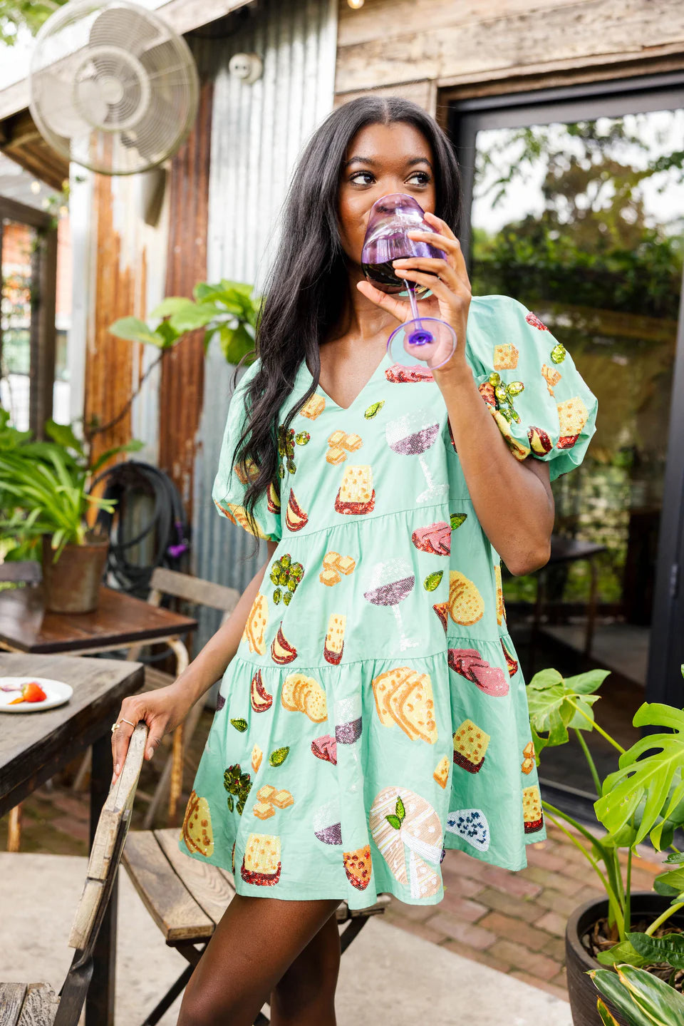 Mint Wine &amp; Charcuterie Poof Sleeve Dress