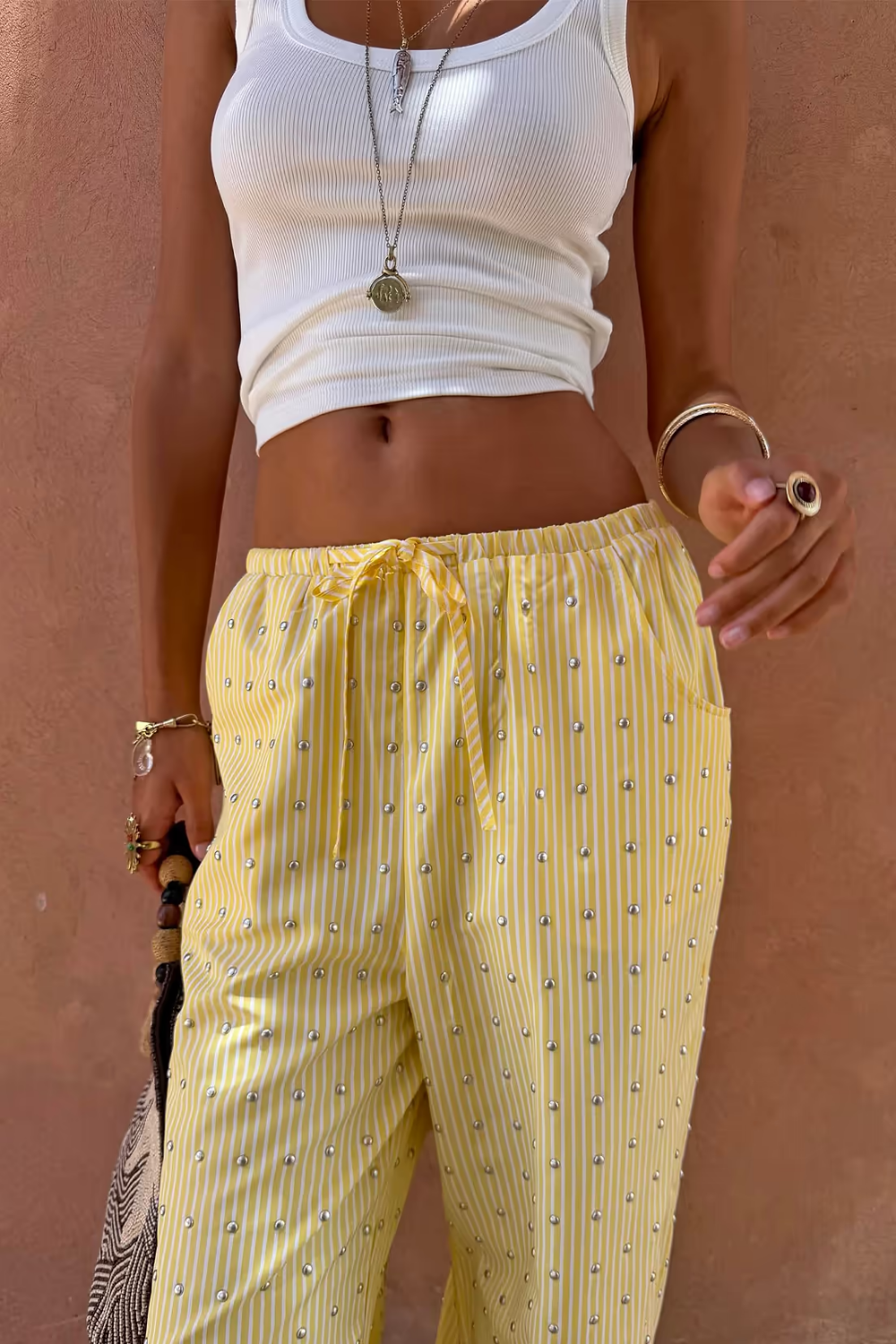LEMON PINSTRIPE STUDDED ELLIE TROUSERS