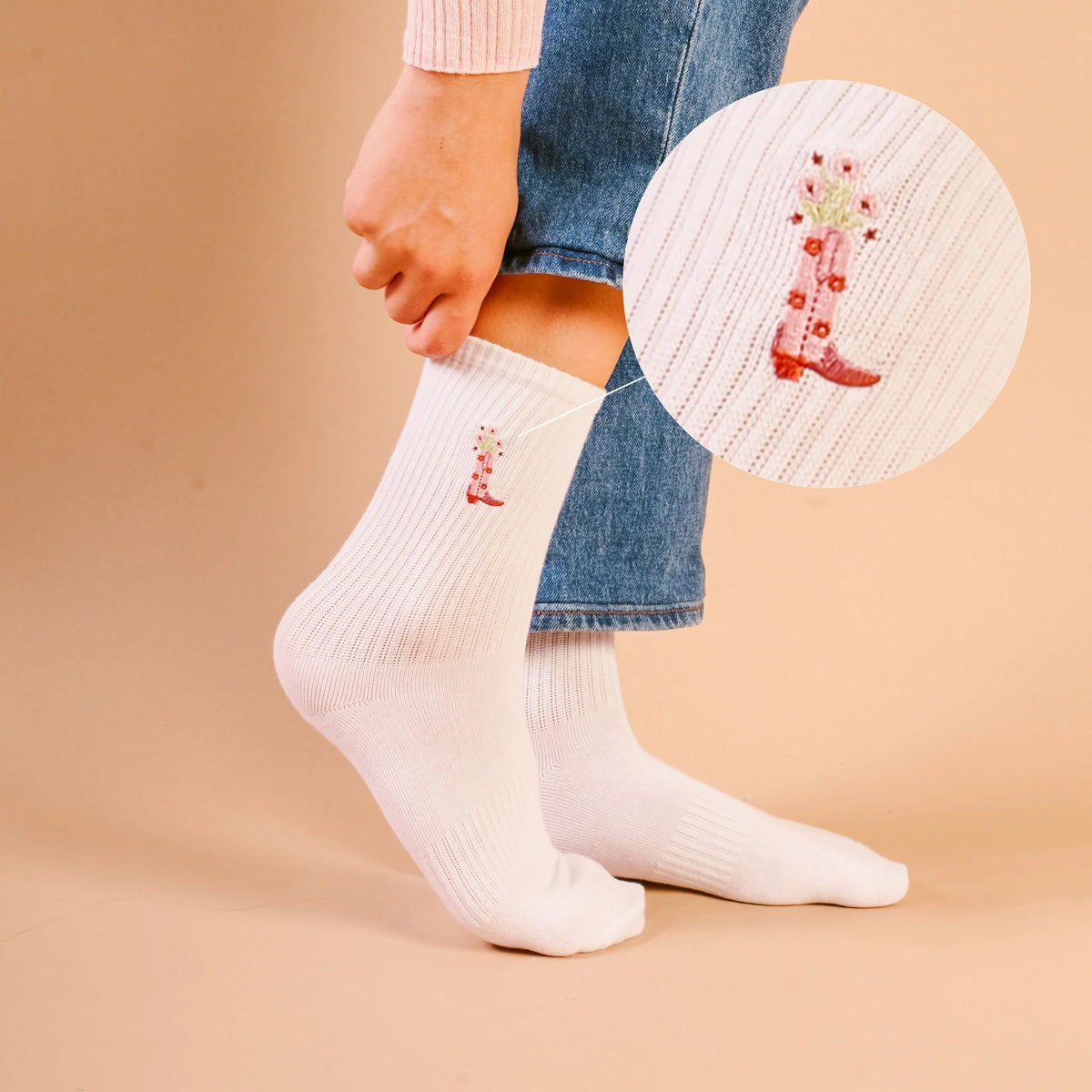 Embroidered Crew Socks - Cowgirl Boot